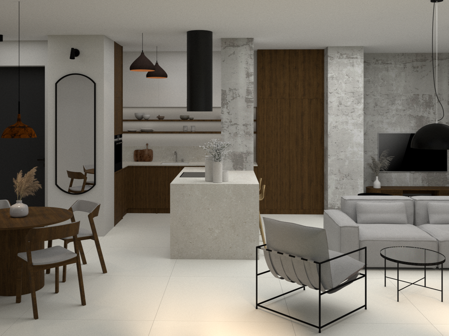 Nowoczesny salon z aneksem wyspa kuchenna