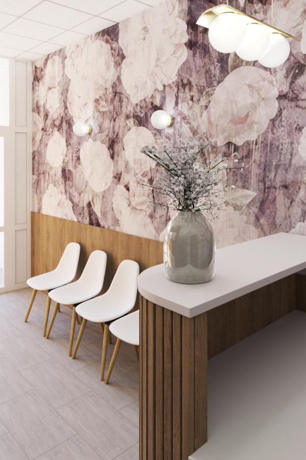 Poczekalnia tapeta peonie lamele drewniane