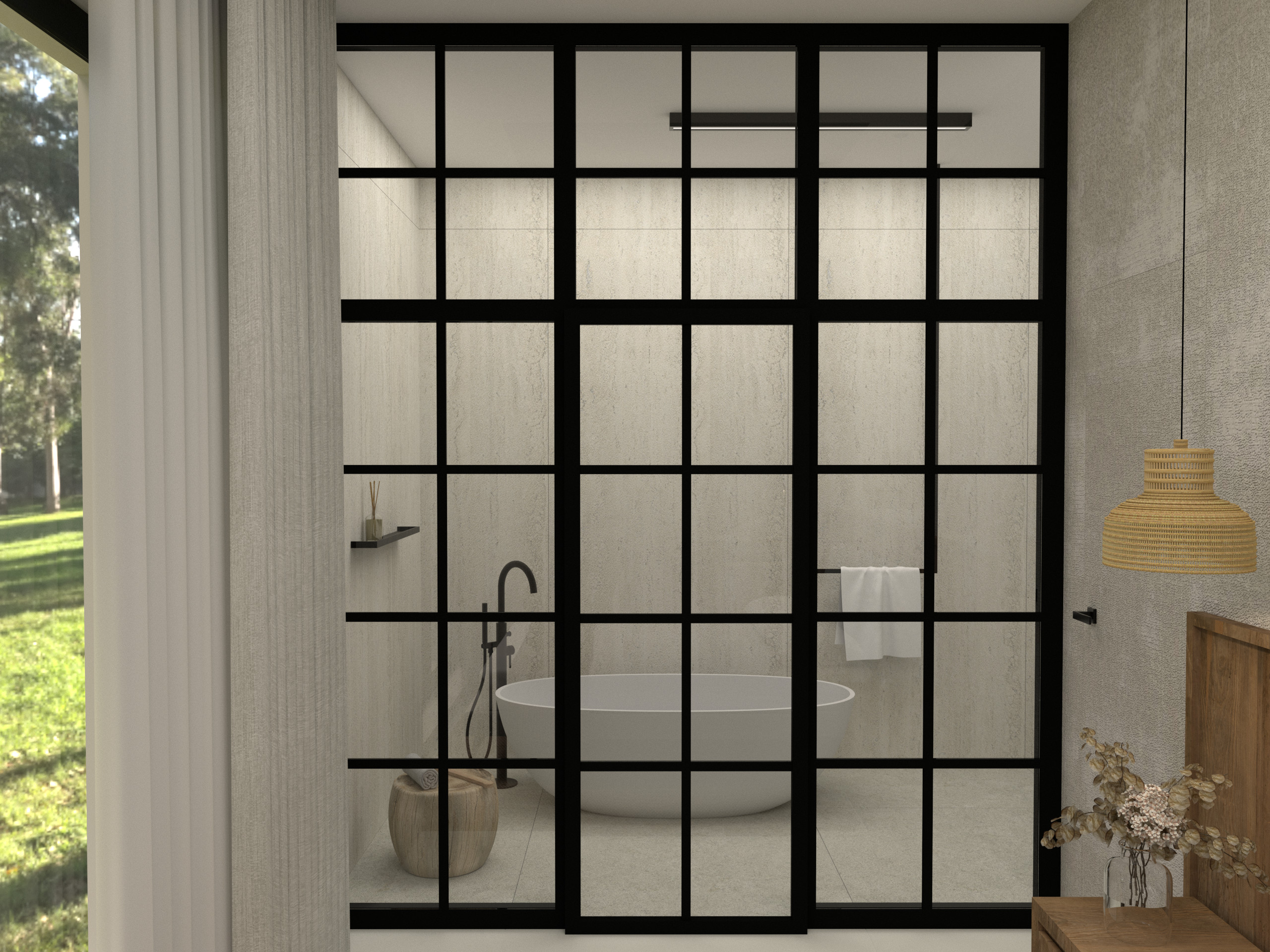 Ścianka loftowa łazienka w sypialni